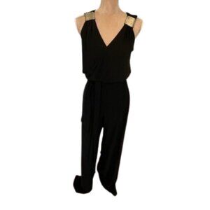Cache Vintage Stretch Jersey Formal Jumpsuit Silver Metal Shoulder Accents Med